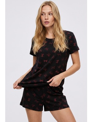 Siyah İnci Siyah Kurdele Desenli Pamuklu Şort-Pijama Takım