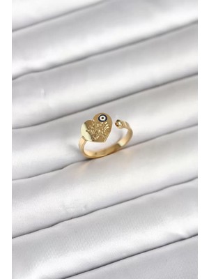 Renas Store 316L Çelik Gold Renk Nazar Detaylı Kalp Model Kadın Yüzük - TJ-BYK4167