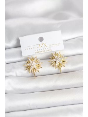 Renas Store Zirkon Taşlı Pirinç Gold Renk Kutup Yıldızı Kadın Küpe