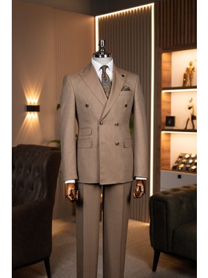 Terzi Ayhan Exclusive  Çizgili Kruvaze Takım Elbise Camel