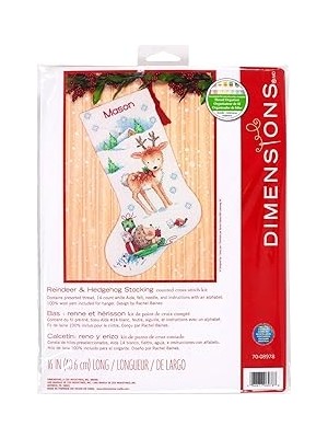 Renas Store Dimensions Kanaviçe "ren Geyiği ve Kirpi" Kişiselleştirilmiş Noel Çorap Seti, Beyaz 14 Adet Aida, 40 cm