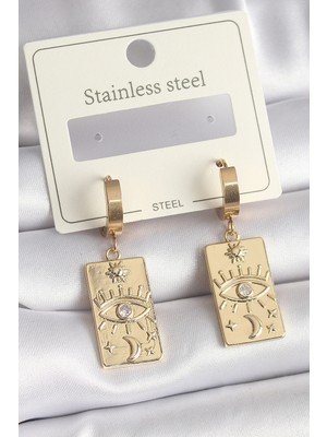 Renas Store 316L Çelik Gold Renk Zirkon Taşlı Göz Işleme Detay Plaka Model Kadın Küpe