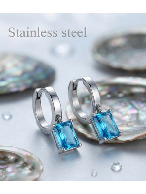 Stainless Steel 316L Çelik Gümüş Renk Mavi Kare Model Küpe