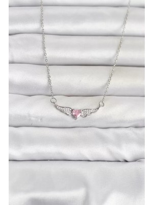Renas Store 316L Çelik Zincir Gümüş Renk Kanatlı Pembe Kalp Model Kadın Kolye TJ-BKO11075