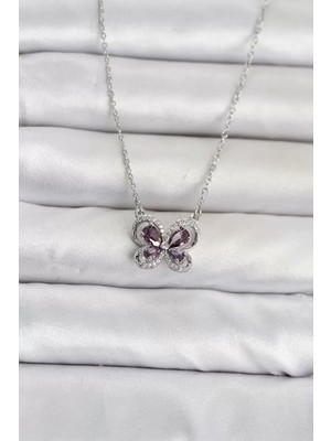 Renas Store 316L Çelik Zincir Gümüş Renk Mor Kelebek Model Kadın Kolye TJ-BKO11101