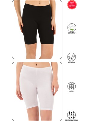 Özkan Underwear Özkan 0413 2'li Paket Kadın %95 Pamuklu Likralı Süprem Kumaş Siyah Beyaz Karışık Renk Esnek Rahat Yumuşak Diz Üstü Toparlayıcı Yüksek Bel Kısa Tayt