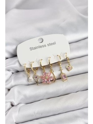 Renas Store 316L Çelik Gold Renk Pembe Zirkon Taşlı Lotus Detaylı Kadın Küpe Seti TJ-BKP11886
