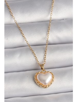 Renas Store 316L Çelik Gold Renk Zincir 3D Inci Kalp Model Kadın Kolye