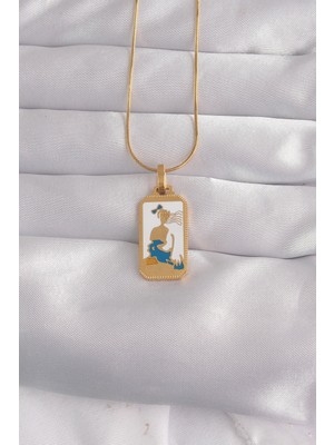 Renas Store 316L Çelik Gold Renk Beyaz Mineli Kız Figür Tarot Kolye