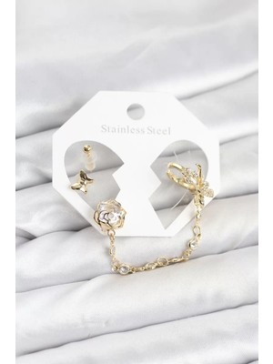 Renas Store Pirinç Gold Renk Kelebekli Model Zincir Bağlantılı Ear Cuff Küpe Seti - TJ-BKP11543