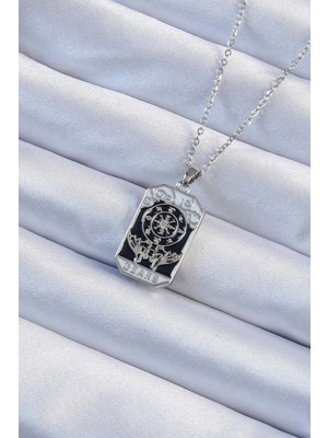 Renas Store 316L Çelik Zincir Gümüş Renk Işlemeli Siyah Mineli Tarot Kolye