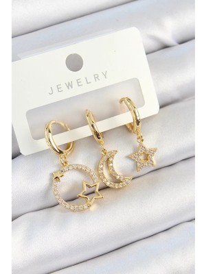 Renas Store Pirinç Zirkon Taşlı Yıldız ve Ay Model Gold Renk 3'lü Çift Kadın Küpe Set - TJ-BKP10819