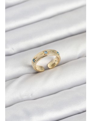 Renas Store Pirinç Gold Renk Mavi Zirkon Taşlı Kutup Yıldızı Model Kadın Yüzük