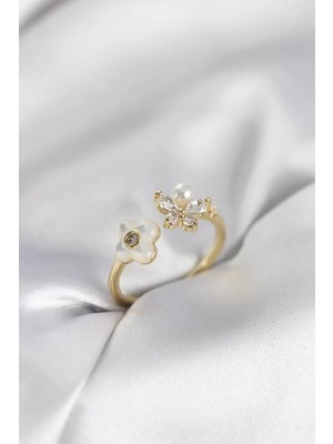 Renas Store Gold Renk Sedefli Çiçek Model Kadın Yüzük - TJ-BYK3981