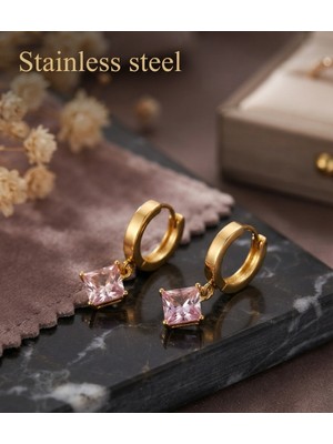 Stainless Steel 316L Çelik Gold Renk Pembe Prizma Model Küpe
