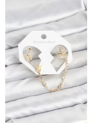 Renas Store Kelebek Model Pirinç Gold Renk Zincir Bağlantılı Ear Cuff Küpe Seti - TJ-BKP11548