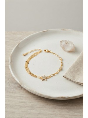 Renas Store Gold Renk Pirinç Ataç ve Puntalı Zincirli Yıldız Model Kadın Bileklik