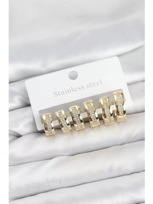 Renas Store 316L Çelik Gold Renk Zirkon Taşlı Halka Küpe Seti - TJ-BKP11526
