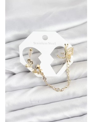 Renas Store Kelebekli Model Pirinç Gold Renk Zincir Bağlantılı Ear Cuff Küpe Seti - TJ-BKP11544