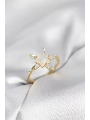 Renas Store Gold Renk Yıldız Model Sedefli Zirkon Taşlı Kadın Yüzük - TJ-BYK4052
