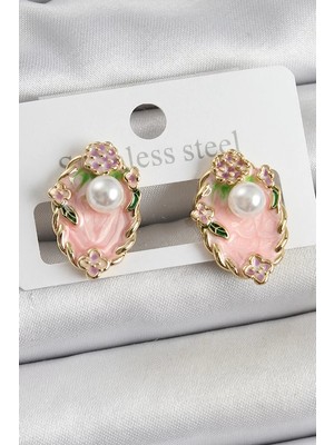 Renas Store Pirinç Pembe Mineli Inci Detaylı Sanatsal Portre Model Gold Renk Kadın Küpe - TJ-BKP10690
