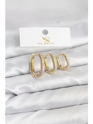 Renas Store Pirinç Gold Renk Zirkon Taşlı Halka Model Ysx Trio Küpe Seti - TJ-BKP11570