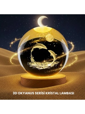 Renas Store Yunus Temalı Kristal Küre USB Işıklı Ahşap Altlıklı Gece Lambası