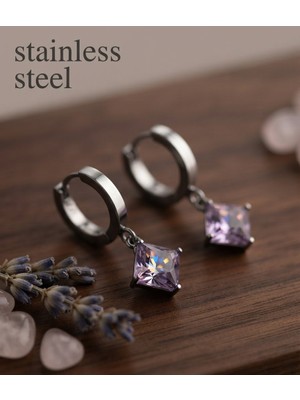 Stainless Steel 316L Çelik Gümüş Renk Pembe Prizma Model Küpe