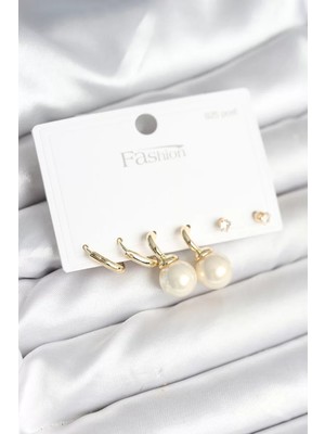 Renas Store Gold Renk Pirinç 925 Ayar Gümüş Çivili Kadın Küpe Seti - TJ-BKP11269