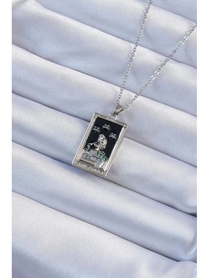 Renas Store 316L Çelik Zincir Gümüş Renk Zirkon Taşlı Siyah Mineli Kız Figürlü Tarot Kolye - TJ-BKO9228
