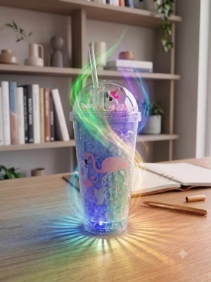 Renas Store Işıklı Unicorn ve Flamingo Desenli Çift Katmanlı Jel Buzlu Pipetli Bardak - 450ML - Renk Değiştiren LED Tabanlı