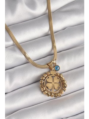 Renas Store 316L Çelik Gold Renk Italyan Zincir Dorika Yonca Model Nazar Boncuk Detay Kadın Kolye - TJ-BKO9875
