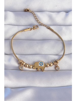 Renas Store 316L Çelik Gold Renk Zirkon Taşlı Nazarlı Fil Tasarımlı Bileklik