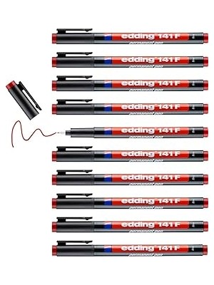 Renas Store Edding 141 F Permanent Kalem - Asetat Kalemi Kırmızı - 10 Kalem - 0,6 mm Yuvarlak Uç