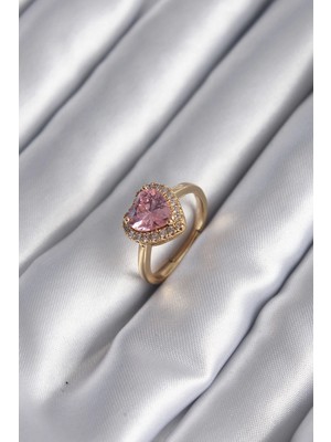 Renas Store Mey Ithalat® Pirinç Gold Renk Pembe Zirkon Taş Kalp Charm Model Kadın Yüzük