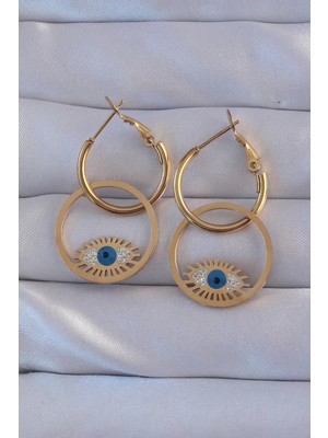 Renas Store 316L Çelik Gold Renk Zirkon Taşlı Mavi Göz Tasarımlı Halka Küpe - TJ-BKP9161