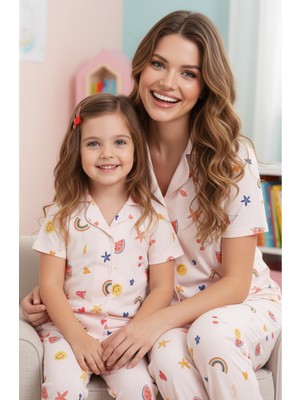 Siyah İnci Desenli Pamuklu Düğmeli Örme Pijama Takımı