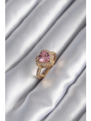 Renas Store Mey Ithalat® Pirinç Gold Renk Pembe Zirkon Taşlı Charm Kalp Model Kadın Yüzük