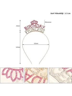 Renas Store Mey Ithalat® Kristal Taşlı Pembe Birthday Princess Yazılı Parti Tacı 19X11 cm