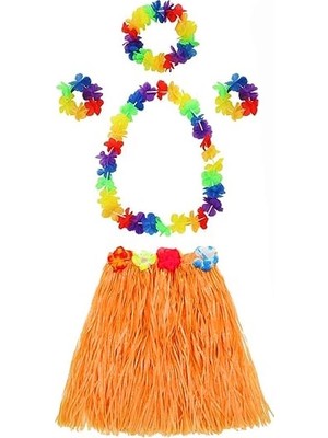 Renas Store Mey Ithalat® Yetişkin ve Çocuk Uyumlu Luau Aloha Hawaii Turuncu Etek ve Renkli Kolye Taç 2 Adet Bileklik Seti