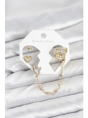 Renas Store Mey Ithalat® Pirinç Gold Renk Kalp Model Zincir Bağlantılı Ear Cuff Küpe Seti
