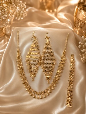 Lia Charm Altın Kaplama Midyat Kişniş Takı Seti - Pullu Gerdanlık, Sallantılı Küpe ve Bileklik Set