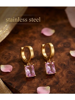 Stainless Steel 316L Çelik Gold Renk Pembe Kare Model Küpe