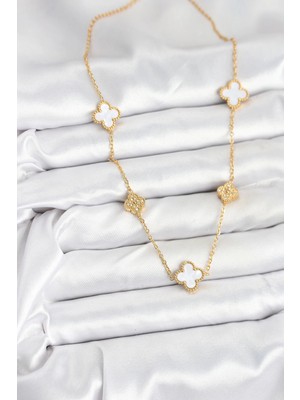Renas Store Mey Ithalat® 316L Çelik Zincir Gold Renk Beyaz ve Zirkon Taşlı Yonca Kadın Kolye
