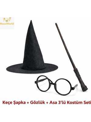 Renas Store Mey Ithalat® Çocuk Seti (Siyah Keçe Şapka, Asa, Gözlük)