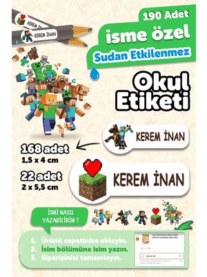 Okul Etiketi Kalem Defter Isimli Etiket Isim Yazılabilen Minecraft - 190 Adet Özel Yeni Tasarım