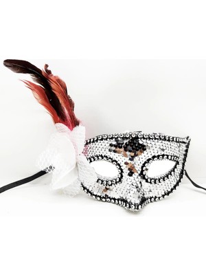 Renas Store Mey Ithalat® Gümüş Renk Yandan Tüylü Güllü Gümüş Taşlı Pullu Maske 20X22 cm