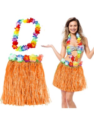 Renas Store Mey Ithalat® Hawaii Luau Aloha Turuncu Püsküllü 40 cm Etek ve Hawaii Kolye Seti