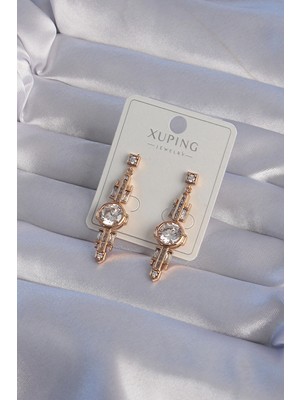 Renas Store Mey Ithalat® Xuping Rose Renk Zirkon Taşlı Geometrik Sallantılı Küpe