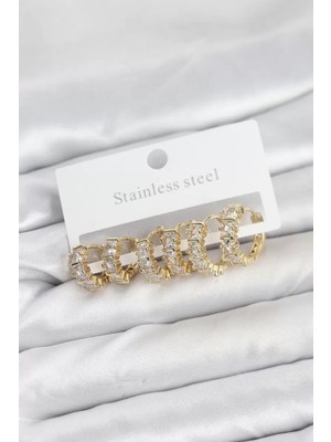Renas Store 316L Çelik Gold Renk Baget Zirkon Taşlı Halka Küpe Seti - TJ-BKP11528
